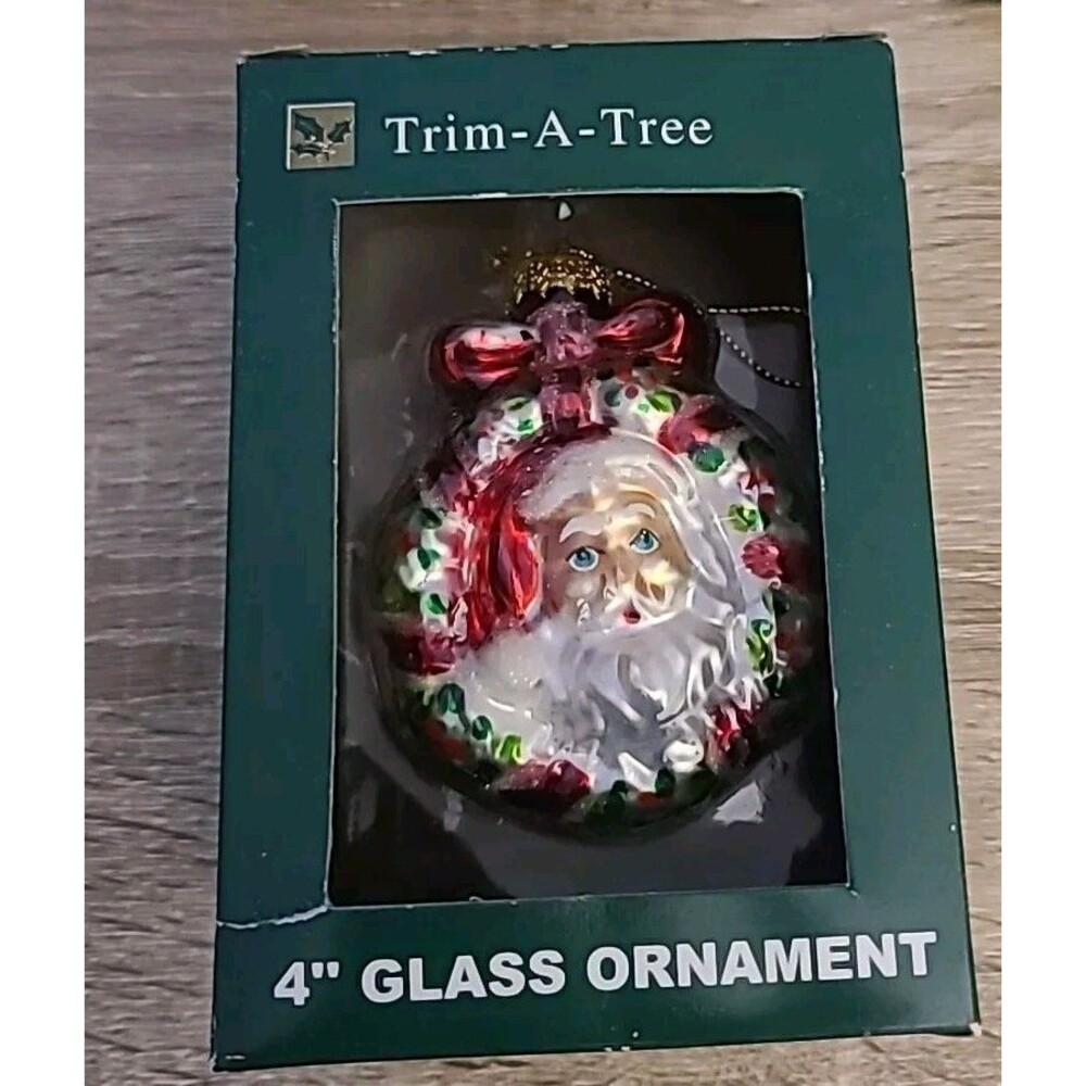 Vtg Trim-A-Tree 4 "Christmas Glass Ornament * Santa Wreath